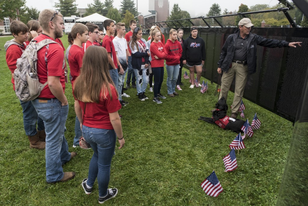 Dick Holmes, a Vietnam veteran, speaks to a group of students about the history of the Vietnam war, and the memorial wall in Athens, Ohio on September 16, 2017.  (Robert Green/WOUB)