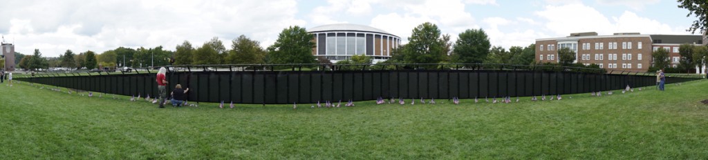 A mock-up of the Vietnam wall is displayed in Bicentennial Park in Athens, Ohio on September 16, 2017.  (Robert Green)