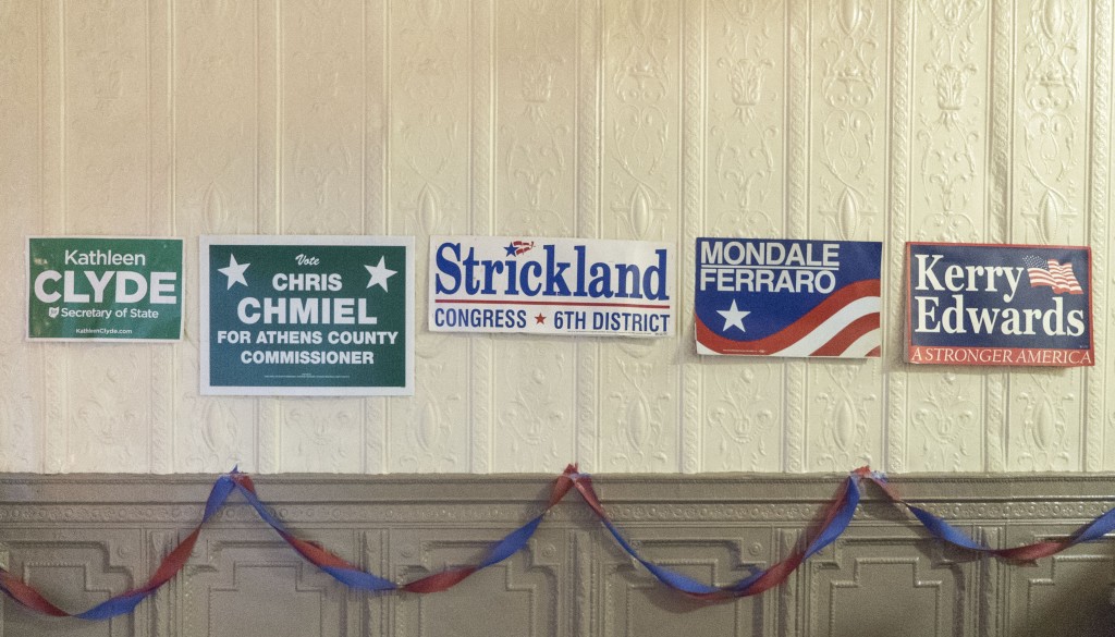 Signs for past democratic candidates for public office on display at the Athens County Democratic Party headquarters in Nelsonville, Ohio. (Austin Janning/WOUB)