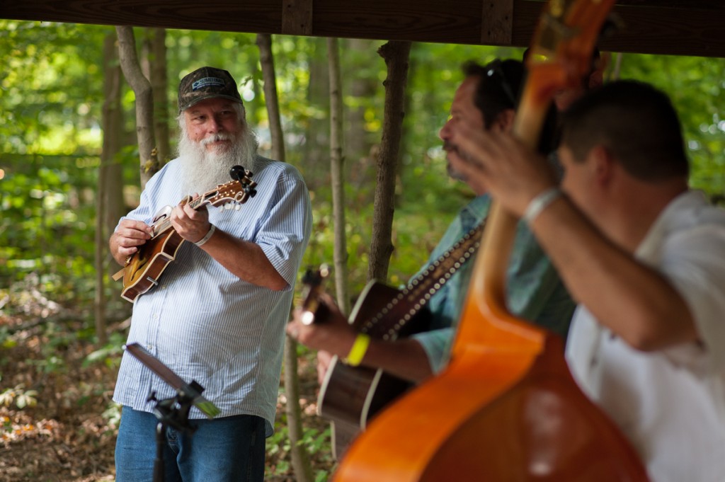 Sawmill Ridge, a band comprised of Dwight Wright (left), Tyler Ashcraft, Terry Denison, and Jerry Myrnaham, plays a set at the Backwoods Fest in Thornville, Ohio on Sunday, Sept. 17, 2017.