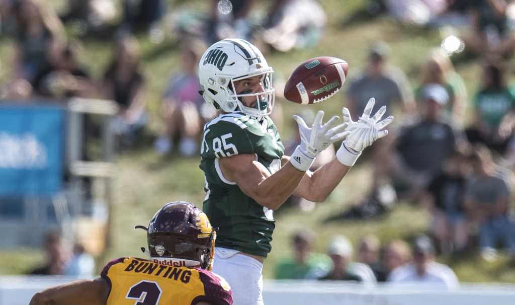 Ohio wide receiver Brenden Cope (85) prepares to catch the football while being guarded by Central MIchigan defensive back Sean Bunting (3) during Ohio University's homecoming football game against Central Michigan on Saturday. (Austin Janning/WOUB)