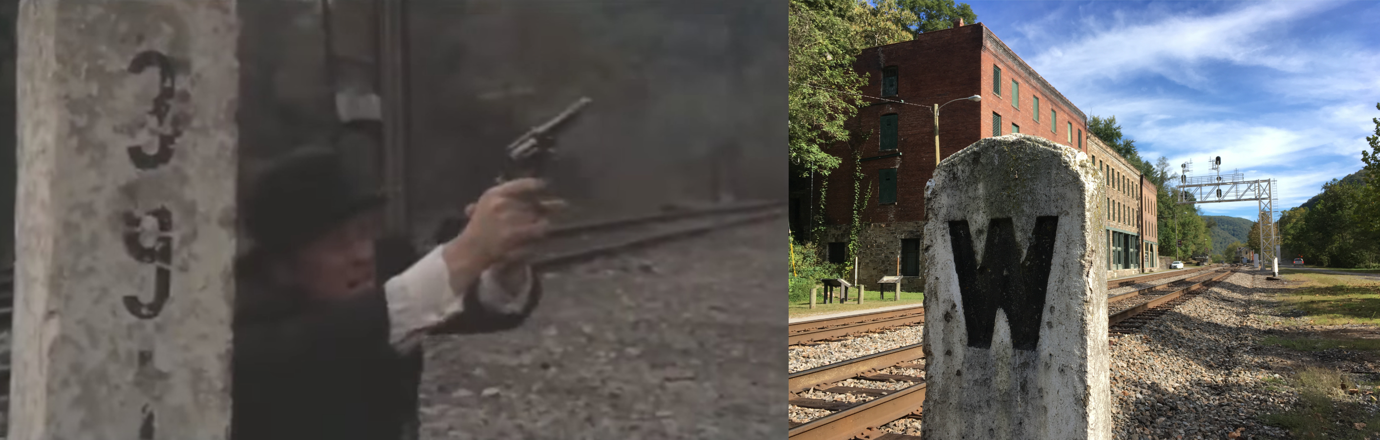 Left: “Matewan” film still; Right: Rail marker at the entrance of Thurmond, West Virginia. (Matewan; Alexandra Kanik)