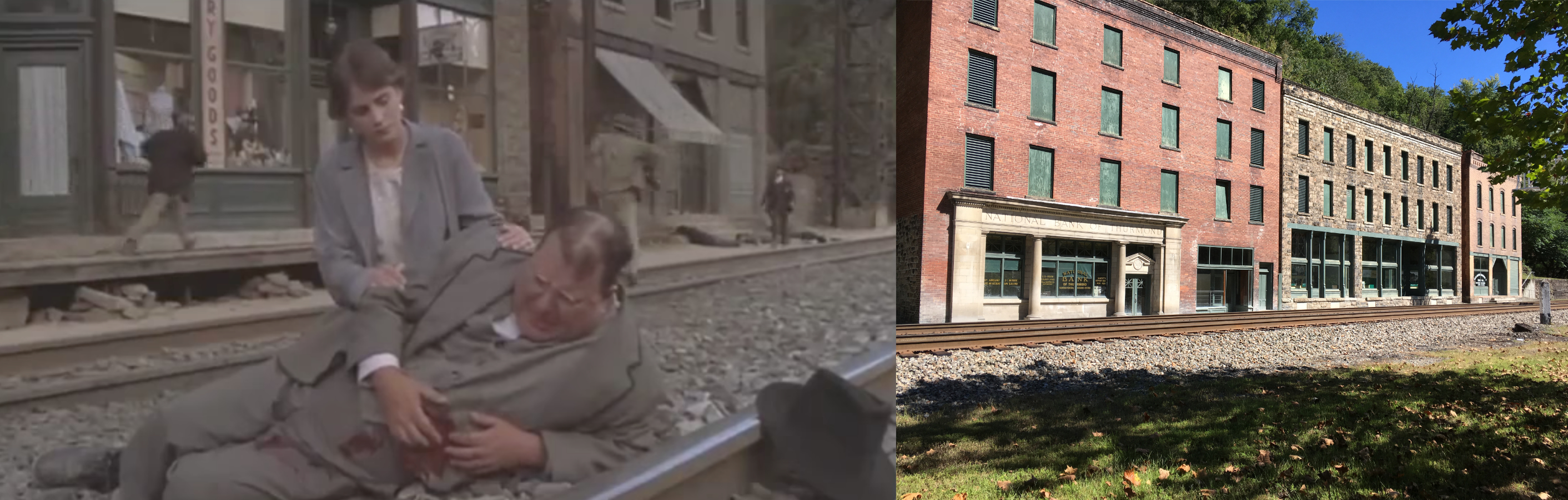 Left: “Matewan” film still from 1987; Right: Thurmond, West Virginia in 2017. (Matewan; Alexandra Kanik)