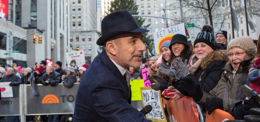 Longtime "Today" host Matt Lauer greets people in the crowd on Monday. He is the latest high-profile media figure to be accused of sexual misconduct.