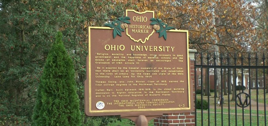 Ohio University marker outside of the gateway to College Green