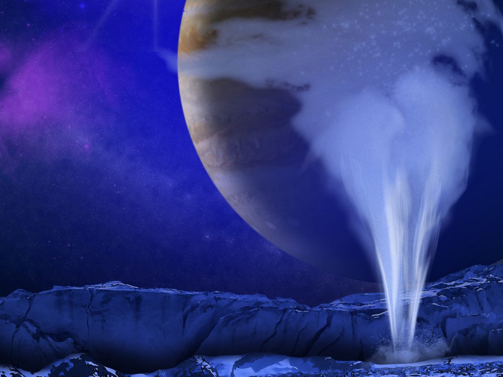 This is an artist's concept of a plume of water vapor thought to be ejected off of the frigid, icy surface of the Jovian moon Europa, located 500 million miles from the sun.