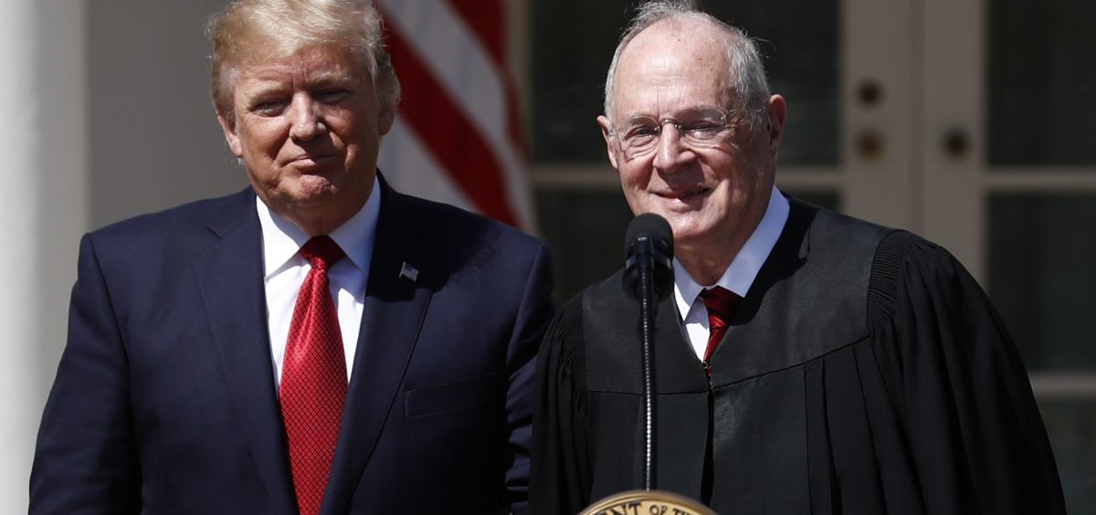 President Trump and Supreme Court Justice Anthony Kennedy, who announced his retirement on Wednesday, at the public swearing-in ceremony for Justice Neil Gorsuch at the White House in April 2017. Trump will announce his pick to replace Kennedy on July 9.