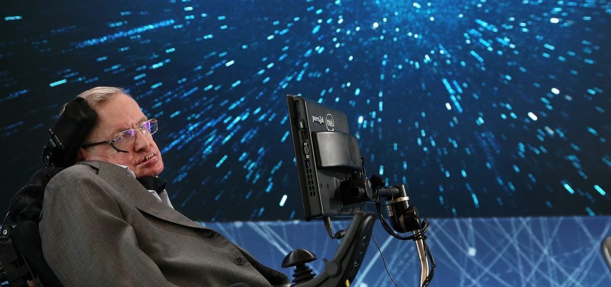 Professor Stephen Hawking sits onstage during the "Breakthrough Starshot" announcement at One World Observatory on April 12, 2016 in New York City.