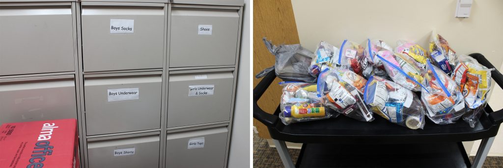 Left: West Elementary School faculty keeps cabinets full of clothing, book bags and supplies for students. Right: The majority of students at West Elementary School receive free or reduced-priced lunches. A local church donates snack bags, passed out to students on Fridays.