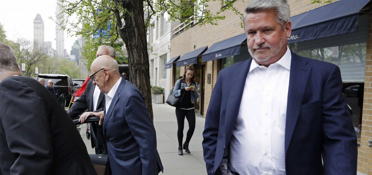 Then-Fox News co-president Bill Shine leaves a New York restaurant in April 2017 with Rupert Murdoch, executive chairman of 21st Century Fox. Shine left Fox News that May.