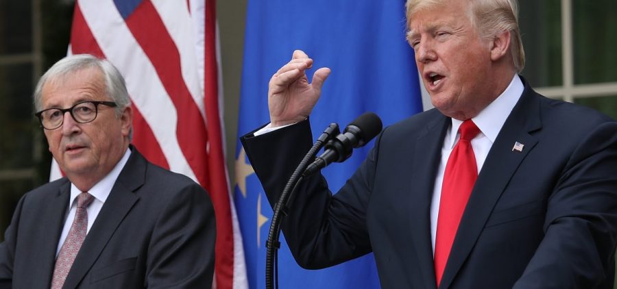 President Donald Trump and European Commission President Jean-Claude Juncker  deliver a joint statement on trade in the Rose Garden of the White House Wednesday in Washington, D.C.