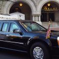 The presidential limousine is parked in front of the Trump hotel as President Trump attends a dinner with supporters in April 2018 in Washington, DC. The hotel is a focal point of litigation that charges Trump's continued business interests violate the Constitution.