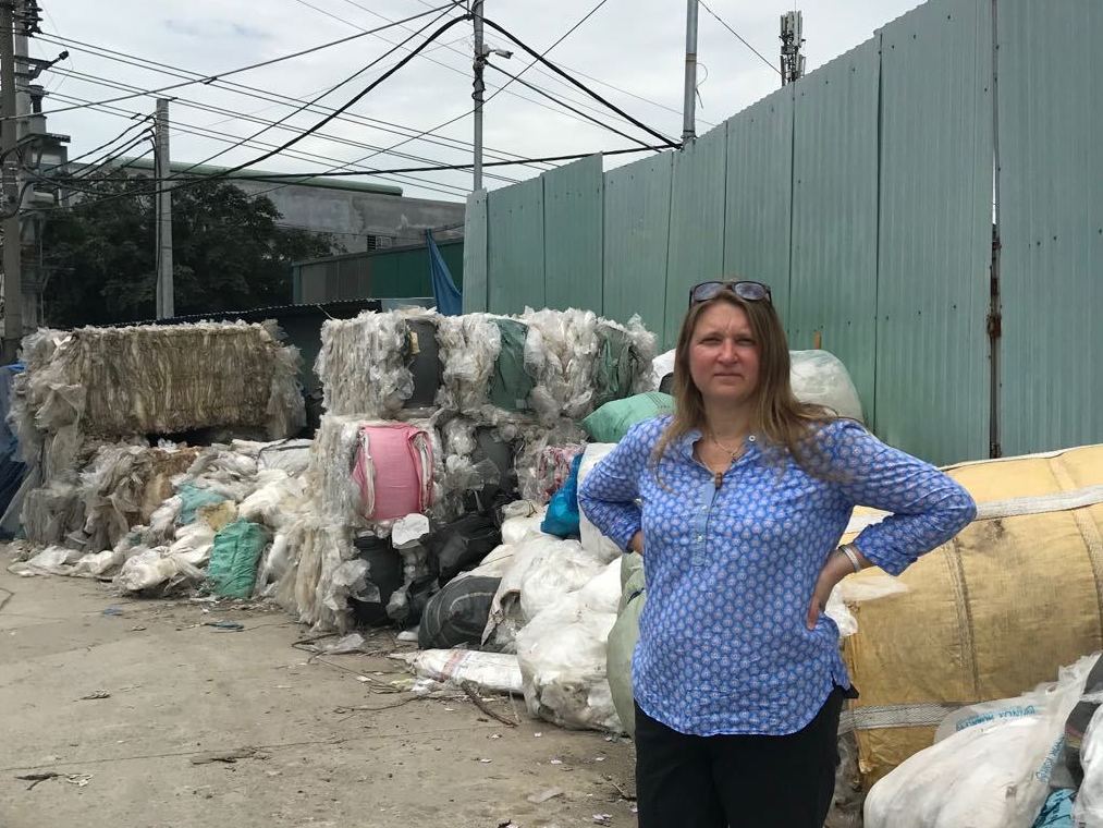 The single largest use for plastic is packaging, Jambeck says. At this recycling center in southeast Asia, much of the waste is thin-film plastic that was once used to package single-use beverage containers.