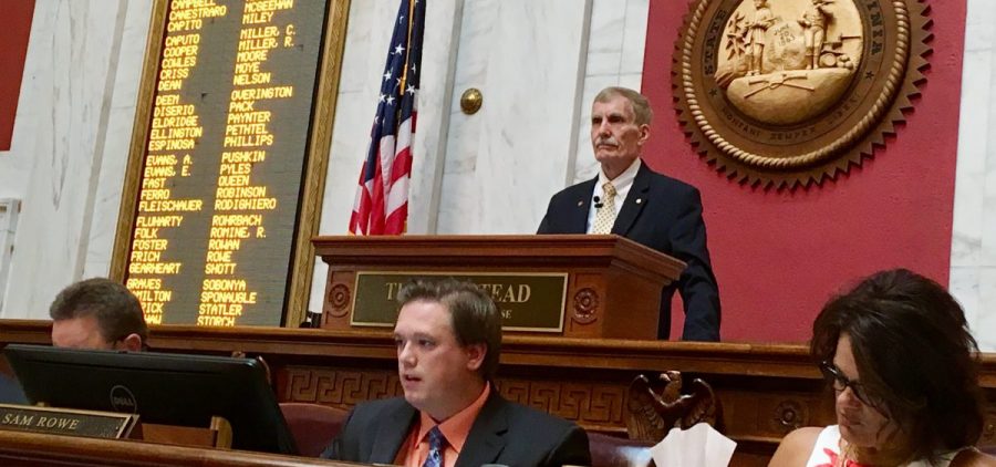 West Virginia House Speaker Pro Tempore John Overington presides over a hearing on articles of impeachment on Monday at the state Capitol in Charleston, W.Va.