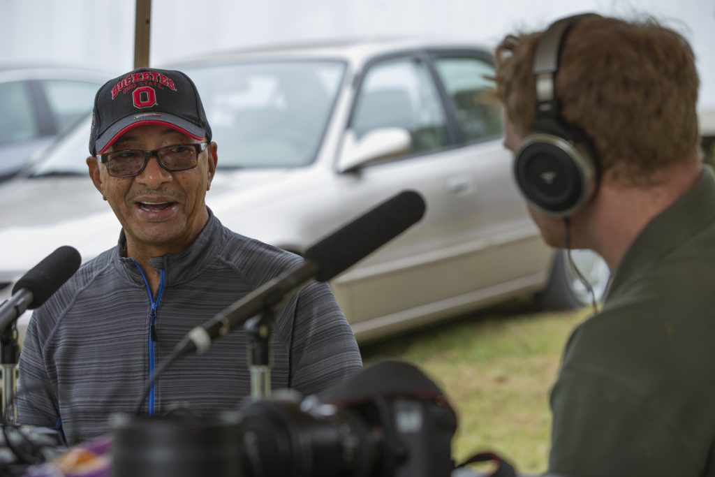Tommy Ivory records an oral history of growing up in Rendville with Chad Reich as a part of Rendville Emancipation Day in Rendville, Ohio, on Saturday, September 2, 2018. (Haldan Kirsch/WOUB)