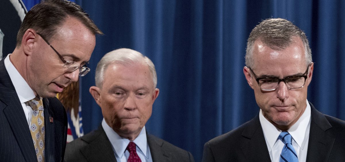Then-FBI Acting Director Andrew McCabe, right, Attorney General Jeff Sessions, second from left, and Deputy Attorney General Rod Rosenstein have been political targets of President Trump.