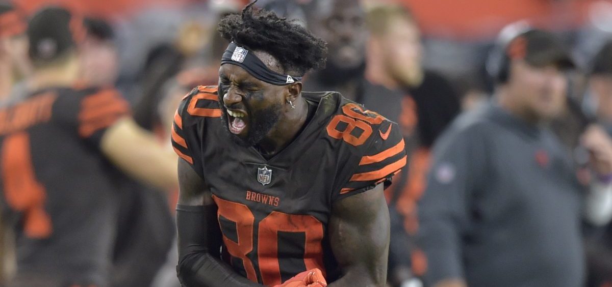 Cleveland Browns wide receiver Jarvis Landry celebrates as the Browns seal their first win since December of 2016. On Thursday night, Landry had more than 100 yards receiving — and he threw a two-point conversion pass to quarterback Baker Mayfield.