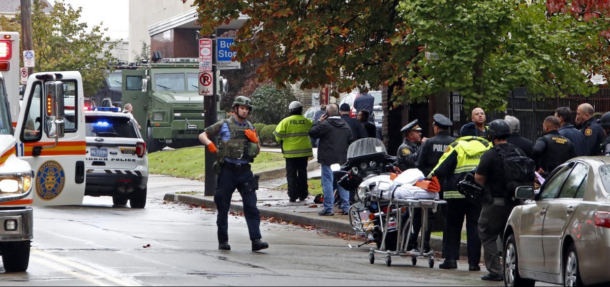 First responders surround the Tree of Life Synagogue in Pittsburgh, where a shooter opened fire Saturday morning.