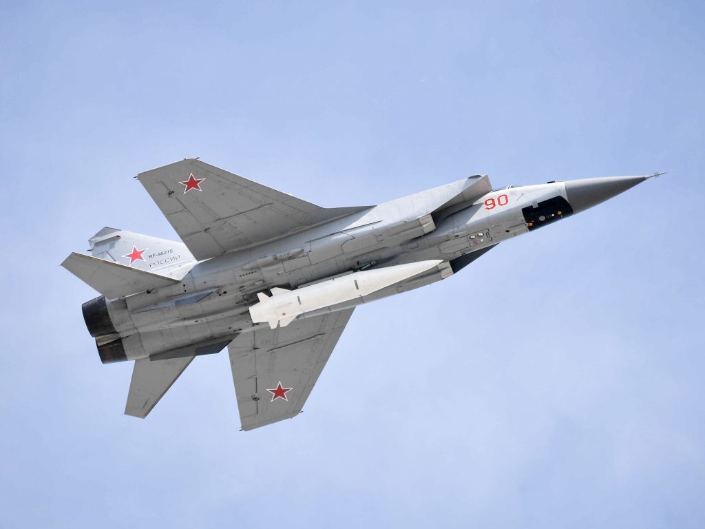 A Russian MiG-31K fighter jet with a hypersonic missile flies over Moscow's Red Square on May 9.