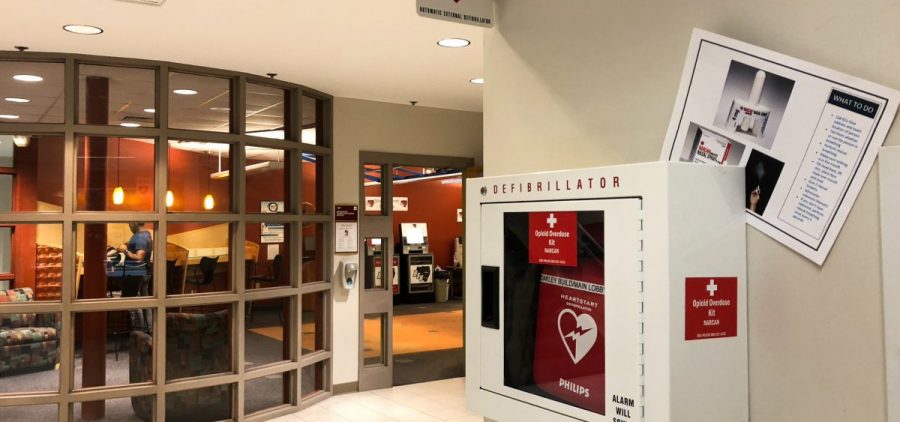 Some sixty "Opiod Overdose Kits" have been added defibrillator boxes in Bridgewater State University dorms and academic buildings like this one.