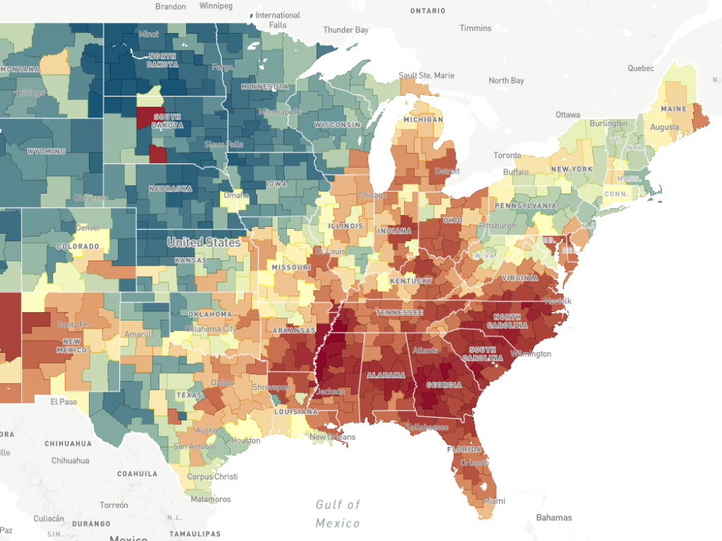 This map, a screenshot from The Opportunity Atlas, shows household income in 2014-2015 for people born between 1978 and 1983 to low-income parents. In areas that are more red, people who grew up in low-income households tended to stay low-income. In areas that are more blue, people who grew up in low-income households tend to make more money.