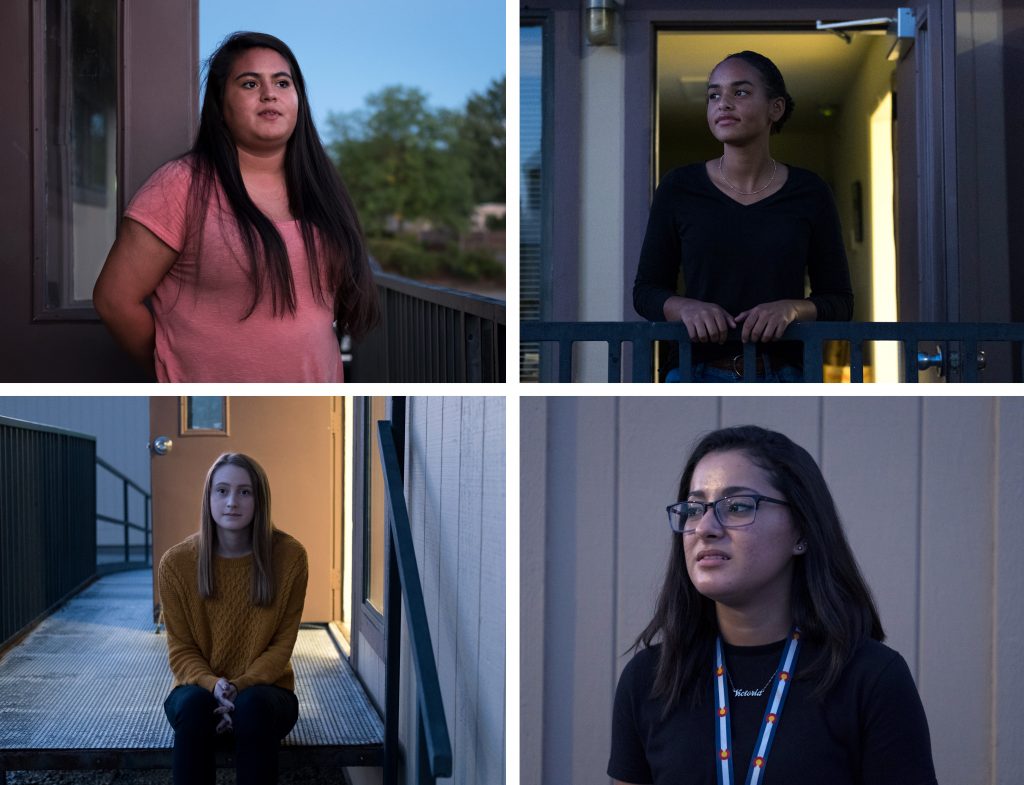 High School mentors in the Sources of Strength program (from top left, clockwise) Heidy Cardenas, Mawusi Danso, Victoria Mendoza and Johneth Price are trained to recognize when one of their peers is struggling. The goal is to reach students in need sooner rather than later.