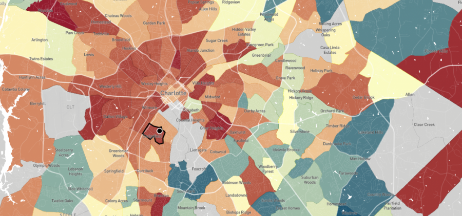 This map, a screenshot from The Opportunity Atlas, shows household income in 2014-2015 for African-Americans born between 1978 and 1983 to low-income parents. Sedgefield Middle School is in a part of Charlotte where blacks who grew up in low-income households tended to stay low-income.