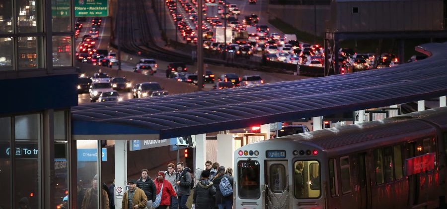 In Chicago, the Kennedy Expressway is clogged with cars as rush-hour commuters and Thanksgiving holiday travelers mix on Wednesday — one of the busiest travel days of the year.
