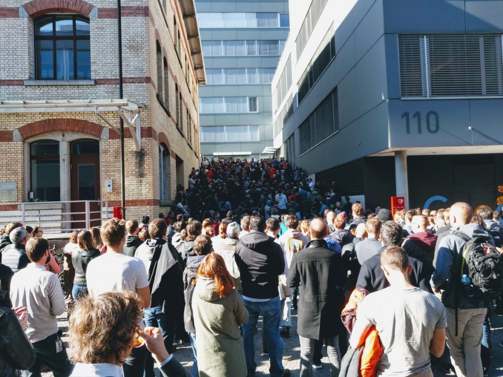 People participate in a walkout at the Google office in Zurich on Thursday.