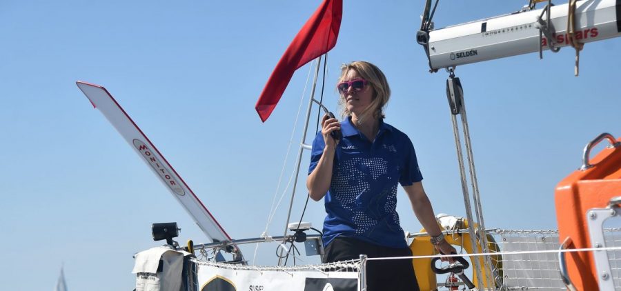 Susie Goodall on her boat DHL Starlight on July 1 at the start of the solo around-the-world Golden Globe Race.