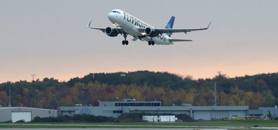 A plane takes off at Cleveland Hopkins International Airport