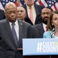 Nancy Pelosi of California (third from right), now House speaker, joins fellow Democrats, including Reps. José Serrano of New York and Elijah Cummings of Maryland, as well as other census advocates at a May 2018 press conference in Washington, D.C., about the new citizenship question on the 2020 census.