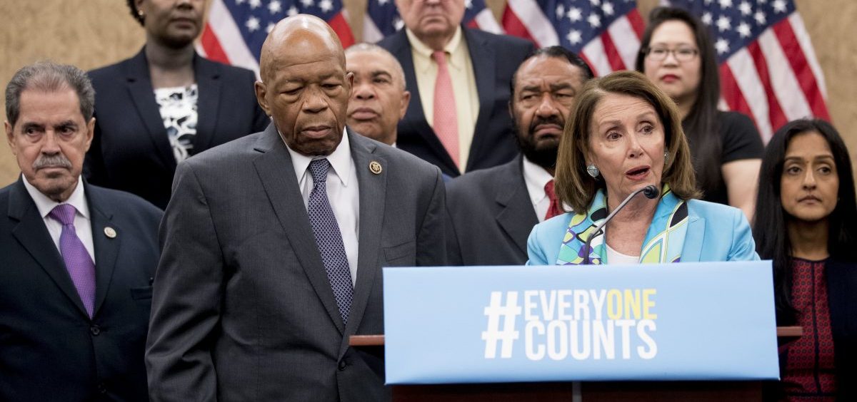 Nancy Pelosi of California (third from right), now House speaker, joins fellow Democrats, including Reps. José Serrano of New York and Elijah Cummings of Maryland, as well as other census advocates at a May 2018 press conference in Washington, D.C., about the new citizenship question on the 2020 census.