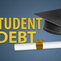 A graphic shows a mortar board and diploma with the words student debt