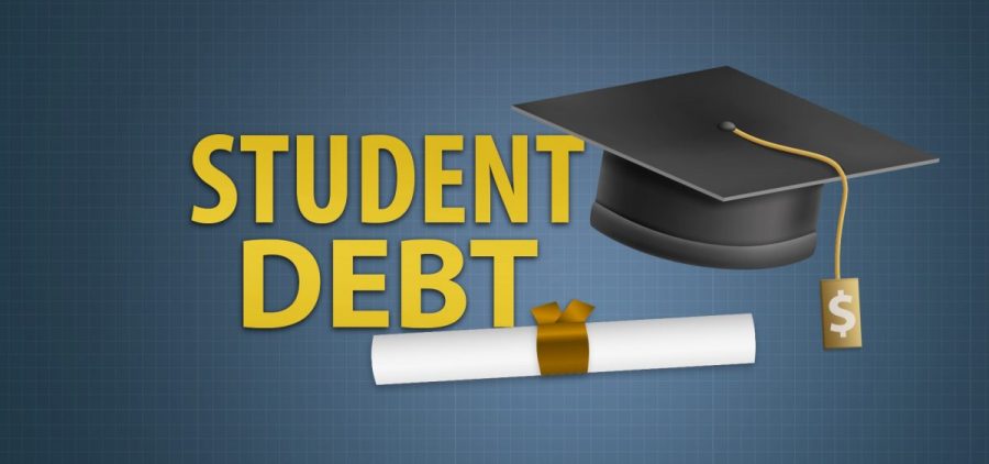 A graphic shows a mortar board and diploma with the words student debt