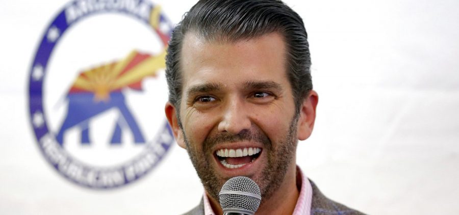 Donald Trump Jr. spoke at a campaign rally for Sen. Martha McSally in 2018. He and President Trump welcomed reports Thursday that they didn't talk on the phone ahead of a June 2016 Trump Tower meeting with Russians.
