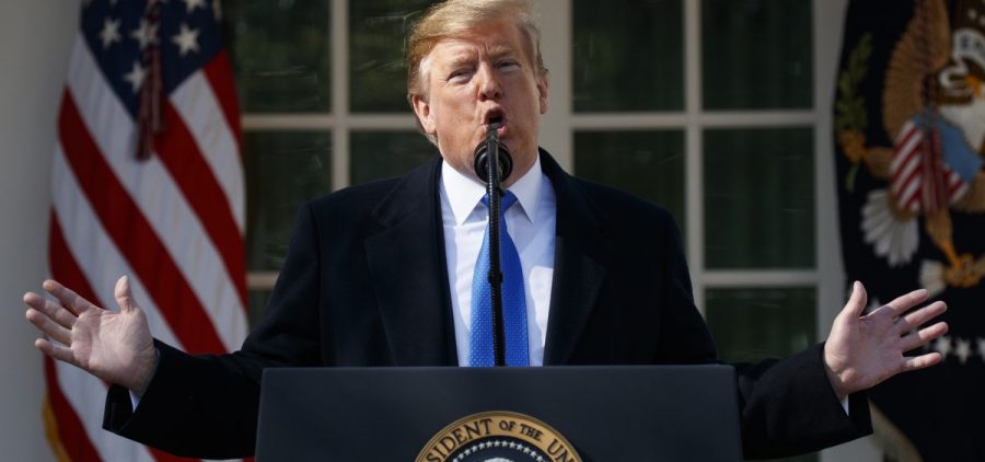 President Trump speaks in the Rose Garden at the White House on Friday to declare a national emergency in order to build a wall along the southern border.