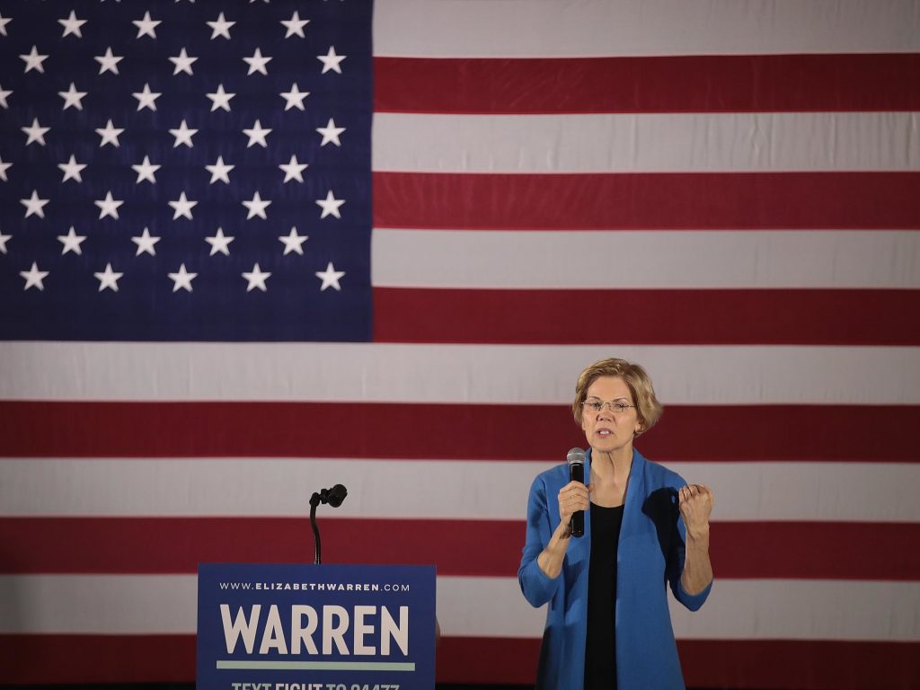 Sen. Elizabeth Warren, D-Mass., speaks at a campaign rally at the University of Iowa on Sunday.