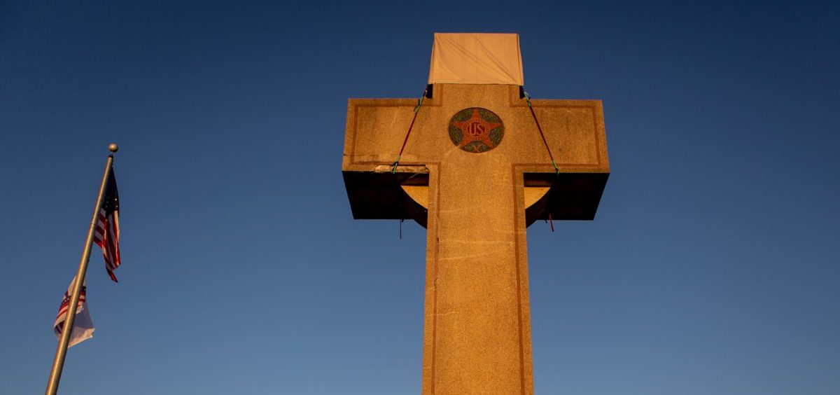 A World War I memorial cross sits in Bladensburg, Md., just outside Washington, D.C. The federal government asked the Supreme Court to rule in favor of the cross, which critics say is an unconstitutional state religious endorsement. Arguments are scheduled to be heard this week.