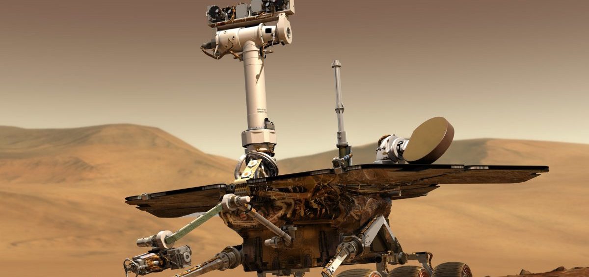 An artist's concept shows a NASA Mars exploration rover on the surface of Mars. The twin rovers Spirit and Opportunity were launched in 2003 and arrived at sites on Mars in January 2004.