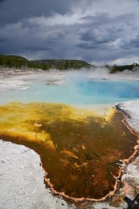 expansive view of Yellowstone geyser with mineral deposits foreground