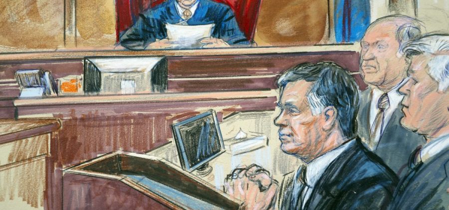 This courtroom sketch shows Paul Manafort listening to U.S. District court Judge T.S. Ellis III at federal court in Alexandria, Va., in August 2018. Manafort is being sentenced on Thursday.