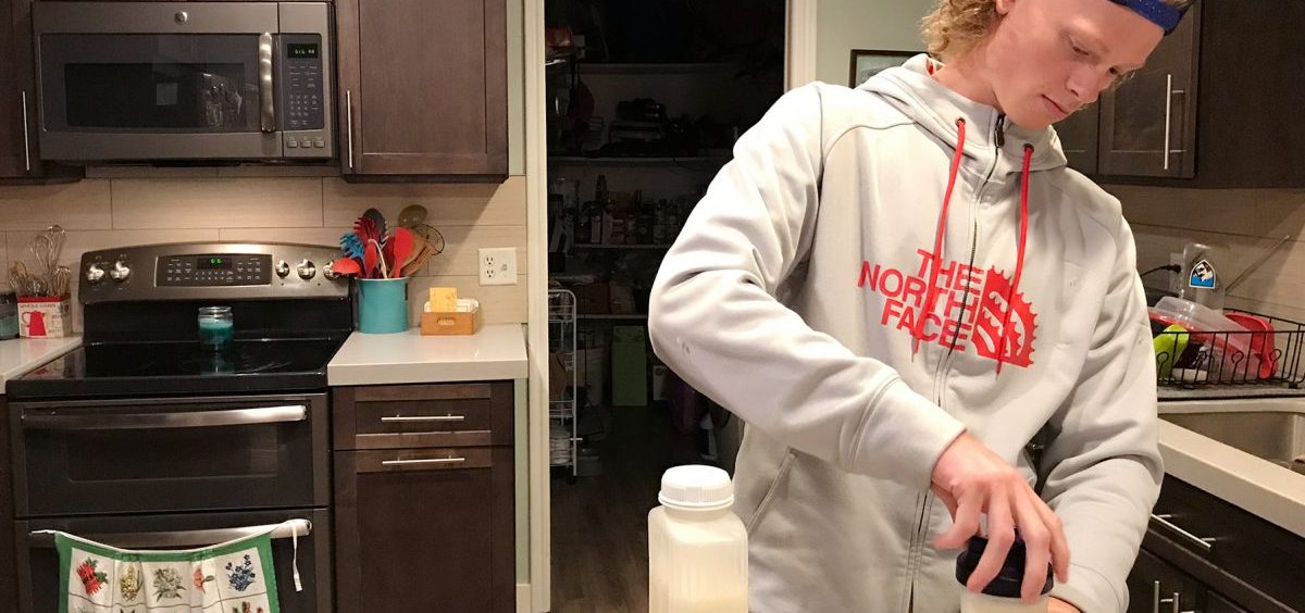 Jonah Reeder prepares a special protein shake that helps him manage a metabolic condition called phenylketonuria.