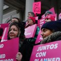 Abortion-rights activists, politicians and others associated with Planned Parenthood gather for a demonstration against the Trump administration's Title X rule change on Feb. 25 in New York. Multiple lawsuits have been filed opposing the new rule.