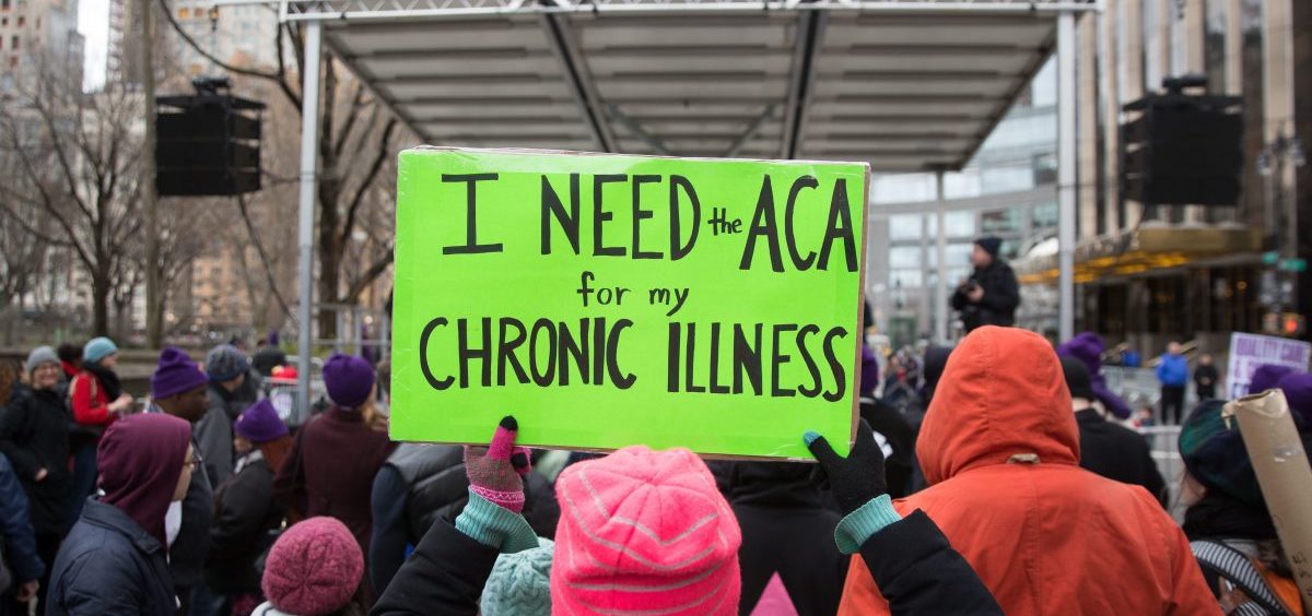 The Justice Department sent a letter in support of repealing the entirety of the Affordable Care Act. Here, a sign in support of the ACA in April 2017 in New York City.