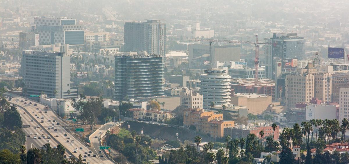 An elevated view of smog and air pollution in Hollywood, Los Angeles, California, USA.