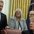 Acting Secretary of Defense Patrick Shanahan listens as President Trump speaks during a signing event for Space Policy Directive 4 in the Oval Office last month.