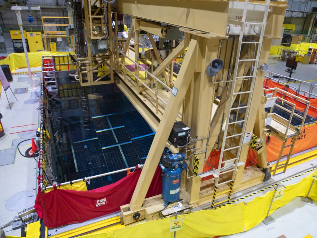 Spent fuel removed from the reactor is first stored in racks in a big pool.