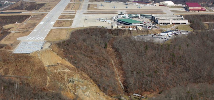 This photo released by the West Virginia National Guard shows a landslide Thursday, March 12, 2015 near Yeager Airport in Charleston, W.Va.