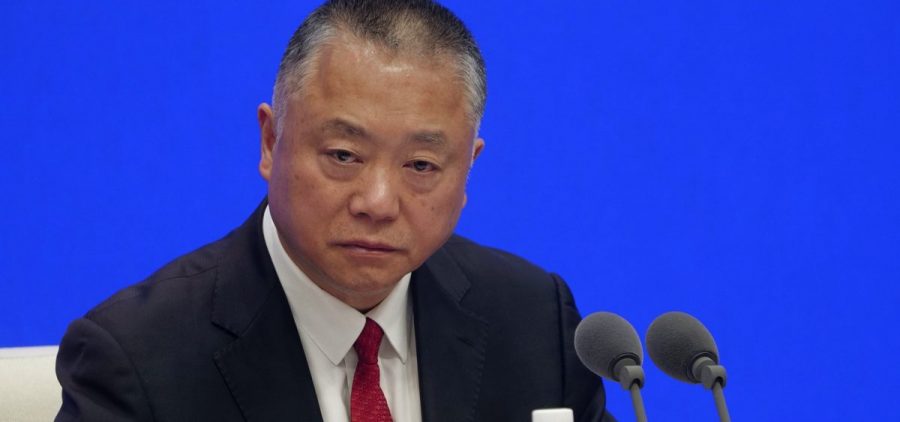Liu Yuejin of China's National Narcotics Control Commission speaks at a Beijing press conference on Monday. He announced that all fentanyl-related drugs will become controlled substances, effective May 1.